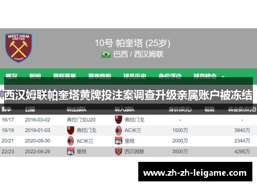 西汉姆联帕奎塔黄牌投注案调查升级亲属账户被冻结